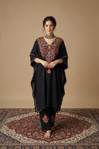 Heer Black Long Multi color Aari Work Kaftan Set