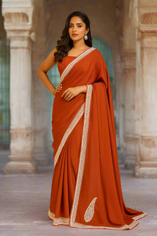 Pamposh Rust Orange Crepe Saree with Kashmiri Tilla Embroidery
