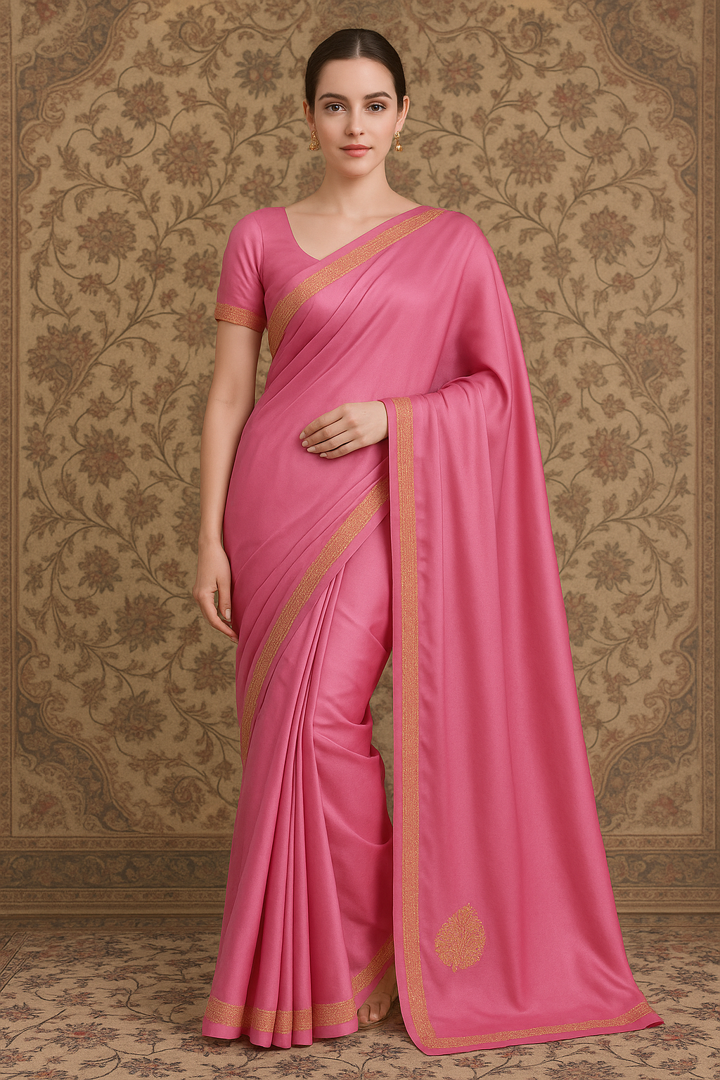 Pamposh Soft Pink Crepe Saree with Kashmiri Tilla Embroidery