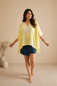 Lailaa Light Yellow Short Kaftan with Aari Work Embroidery