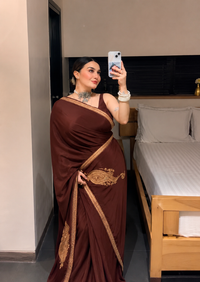Pamposh Brown Crepe Saree with Kashmiri Tilla Embroidery
