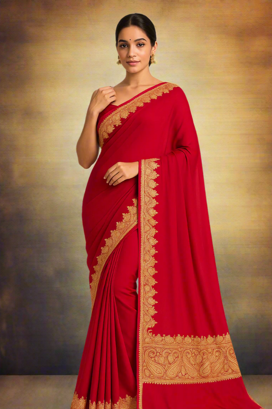 Nayna Red Crepe Tilla Saree with Kasmiri Tilla Embroidery