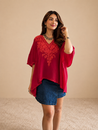 Lailaa Red Mini Kaftan Top with Red Aari Embroidery