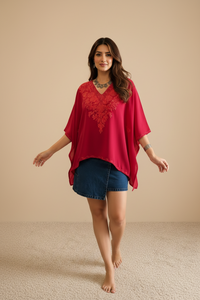 Lailaa Red Mini Kaftan Top with Red Aari Embroidery
