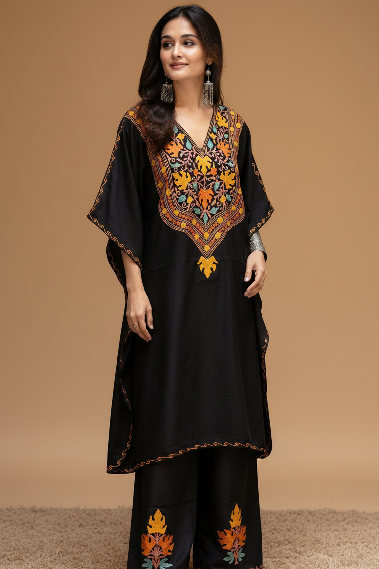 Heer Black Long Multi color Aari Work Kaftan Set