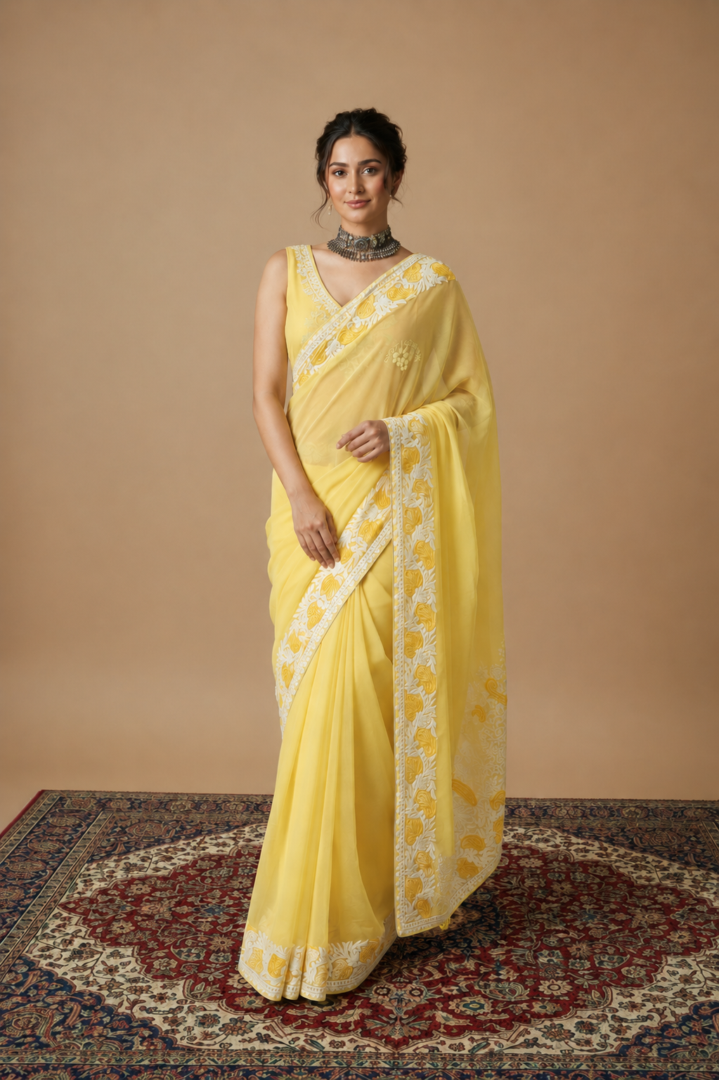 Lailaa Light Yellow Aari Work Saree