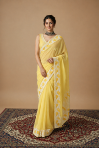 Lailaa Light Yellow Aari Work Saree