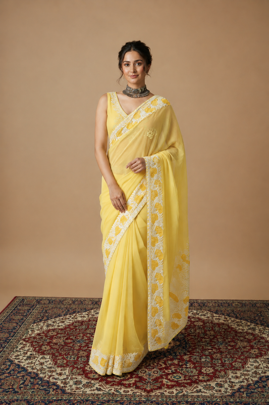 Lailaa Light Yellow Aari Work Saree