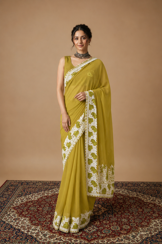 Lailaa Olive Green Aari Work Saree