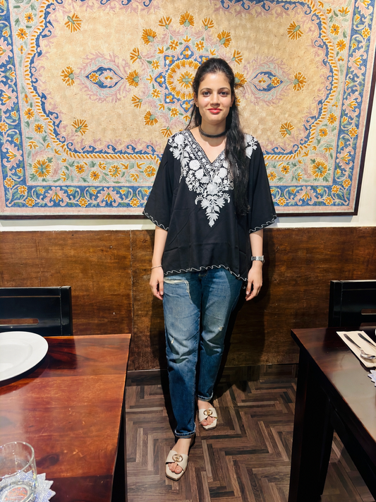 Lailaa Black Mini Kaftan Top with  White Aari Embroidery