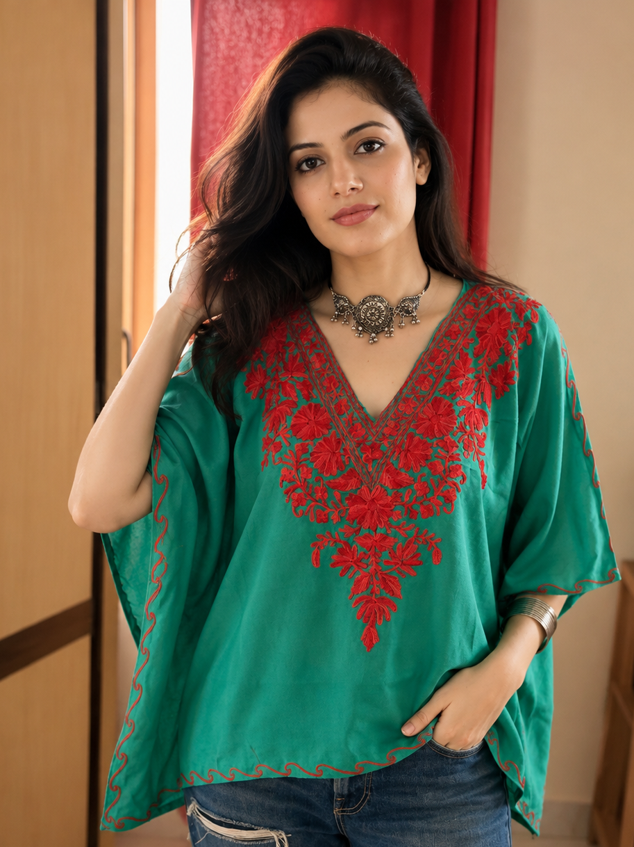 Lailaa Green Mini Kaftan Top with Red Aari Embroidery