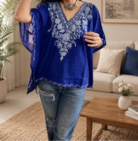 Lailaa Blue Mini Kaftan Top with Grey Aari Embroidery