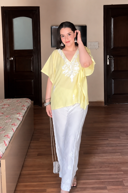 Lailaa Light Yellow Short Kaftan with Aari Work Embroidery