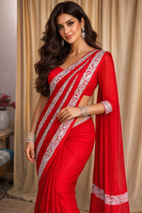 Mahren Red Crepe Saree With Kashmiri Silver Tilla Embroidery