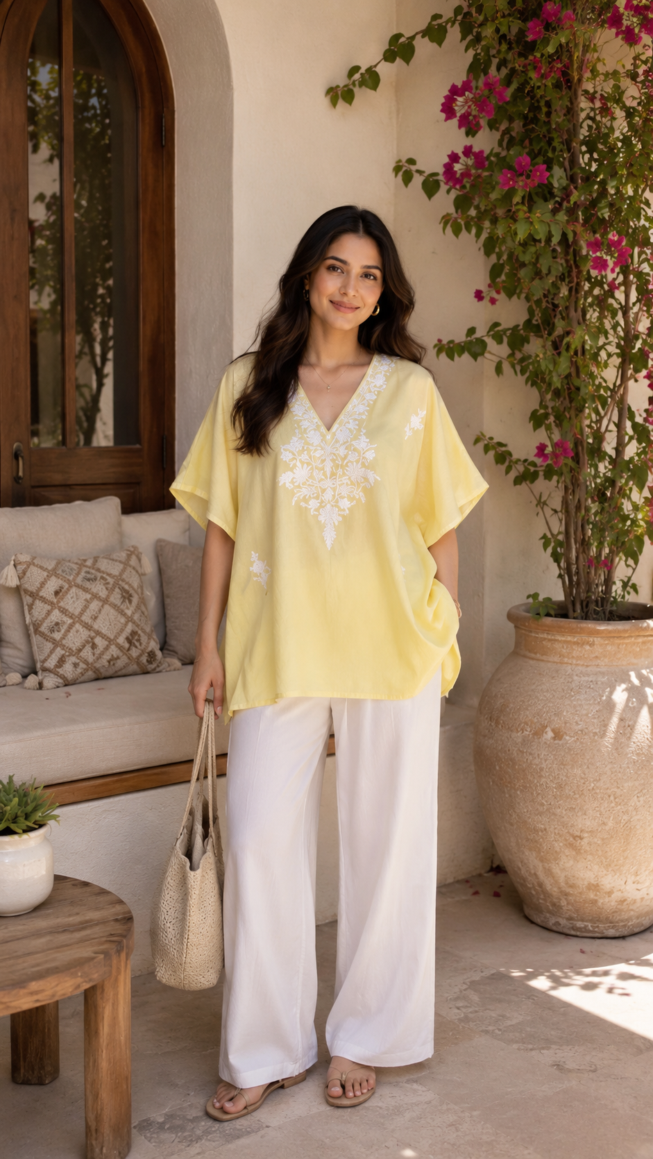 Lailaa Light Yellow Short Kaftan with Aari Work Embroidery