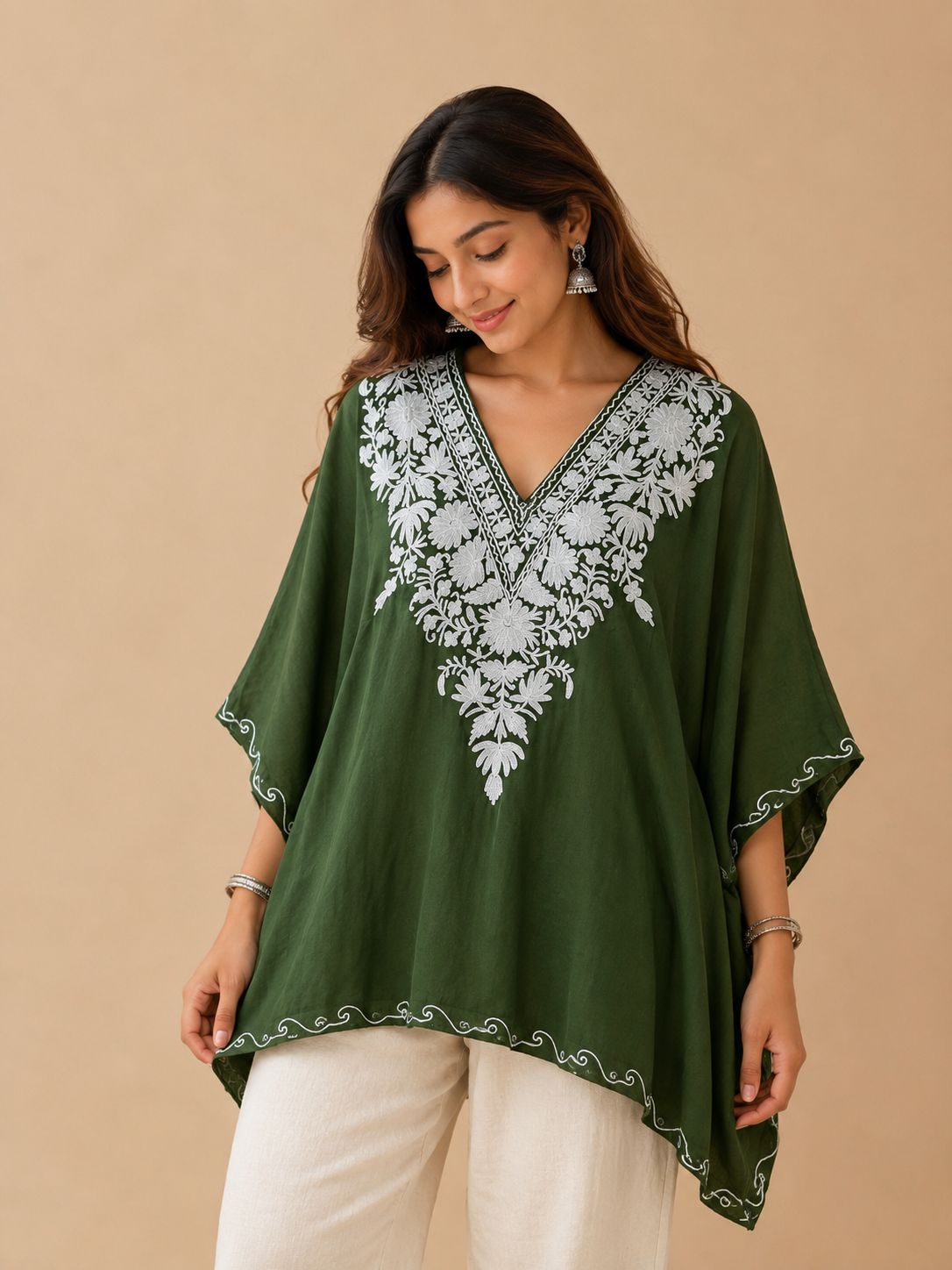 Lailaa Green Mini Kaftan Top with White Aari Embroidery