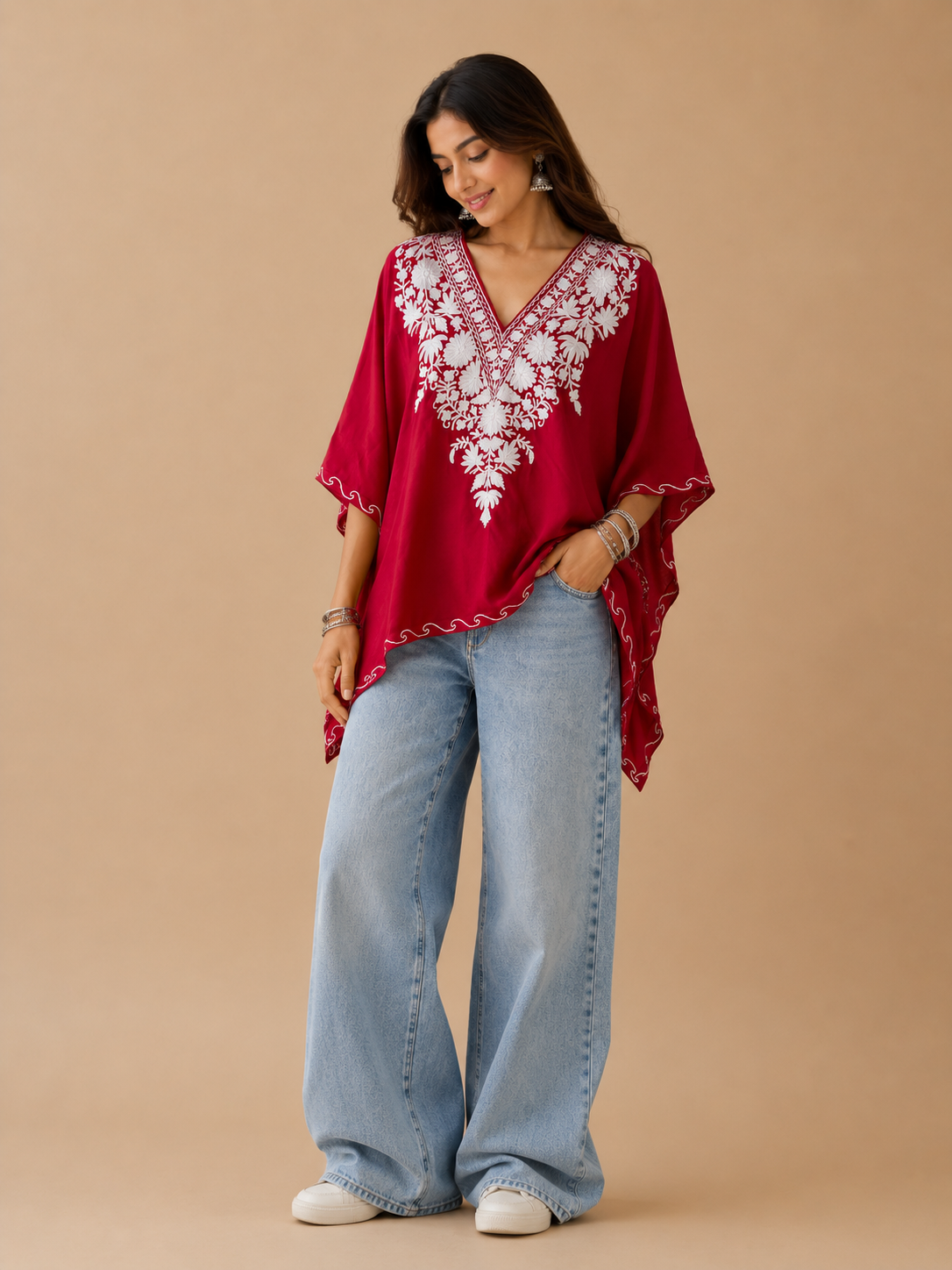 Lailaa Red Mini Kaftan Top with White Embroidery