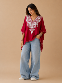 Lailaa Red Mini Kaftan Top with White Embroidery