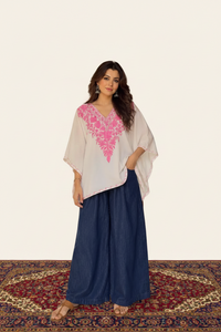 Lailaa White Mini Kaftan Top with Pink Aari Embroidery