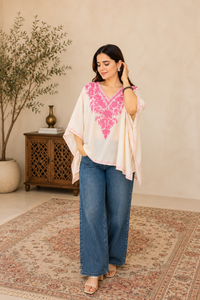 Lailaa White Mini Kaftan Top with Pink Aari Embroidery