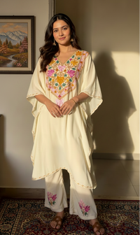 Heer White Long Aari Work Kaftan Set