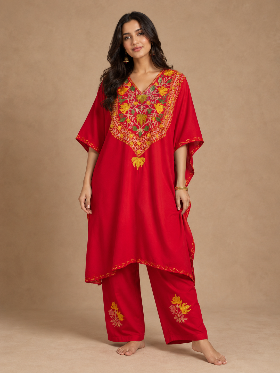 Heer Red Long Aari Work Kaftan Set