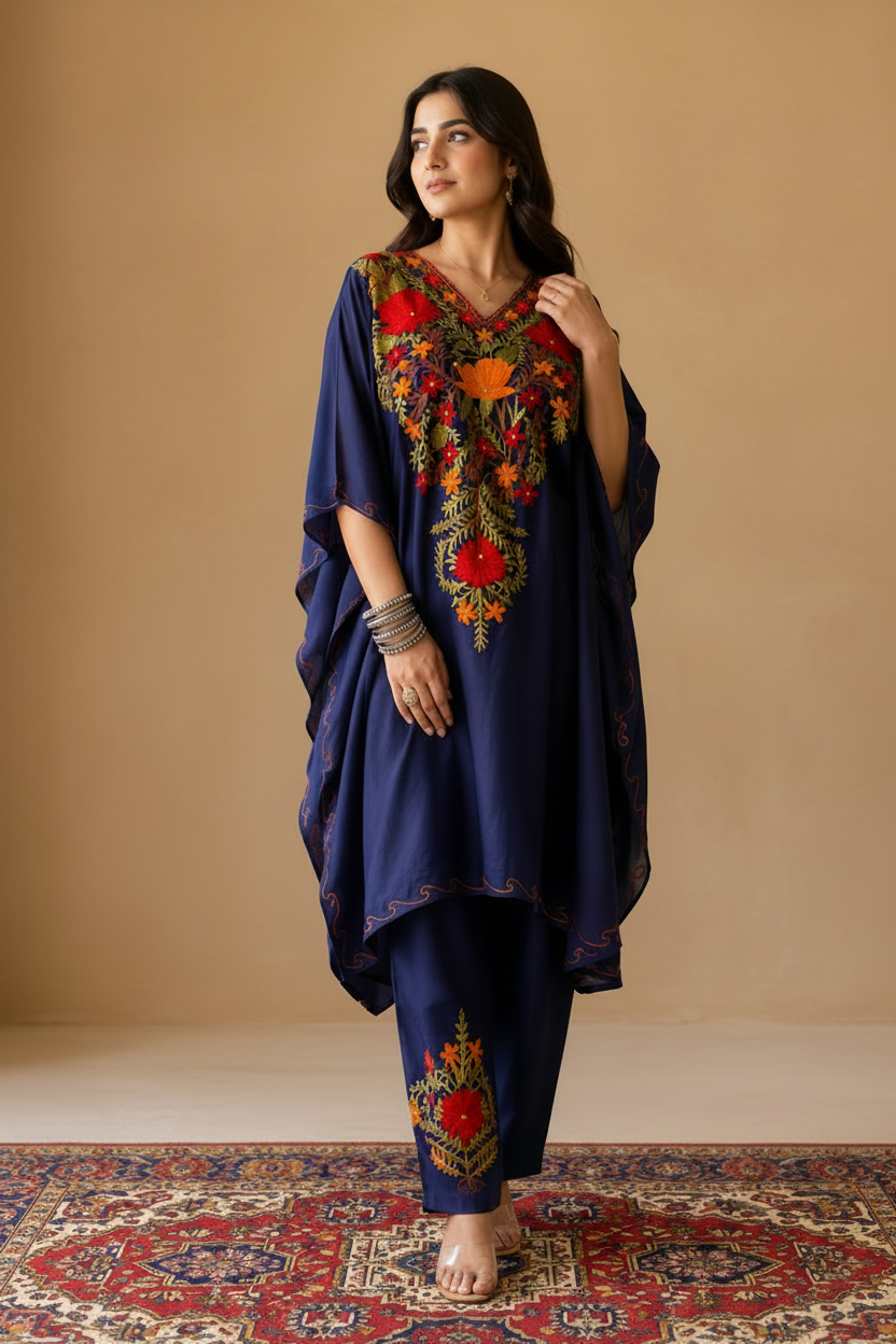 Heer Royal Blue Long Aari Work Kaftan Set
