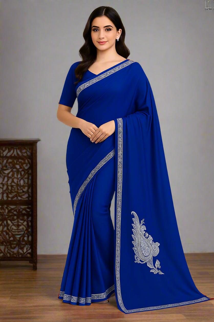 Omang Blue Crepe Saree with Kashmiri Tilla Embroidery