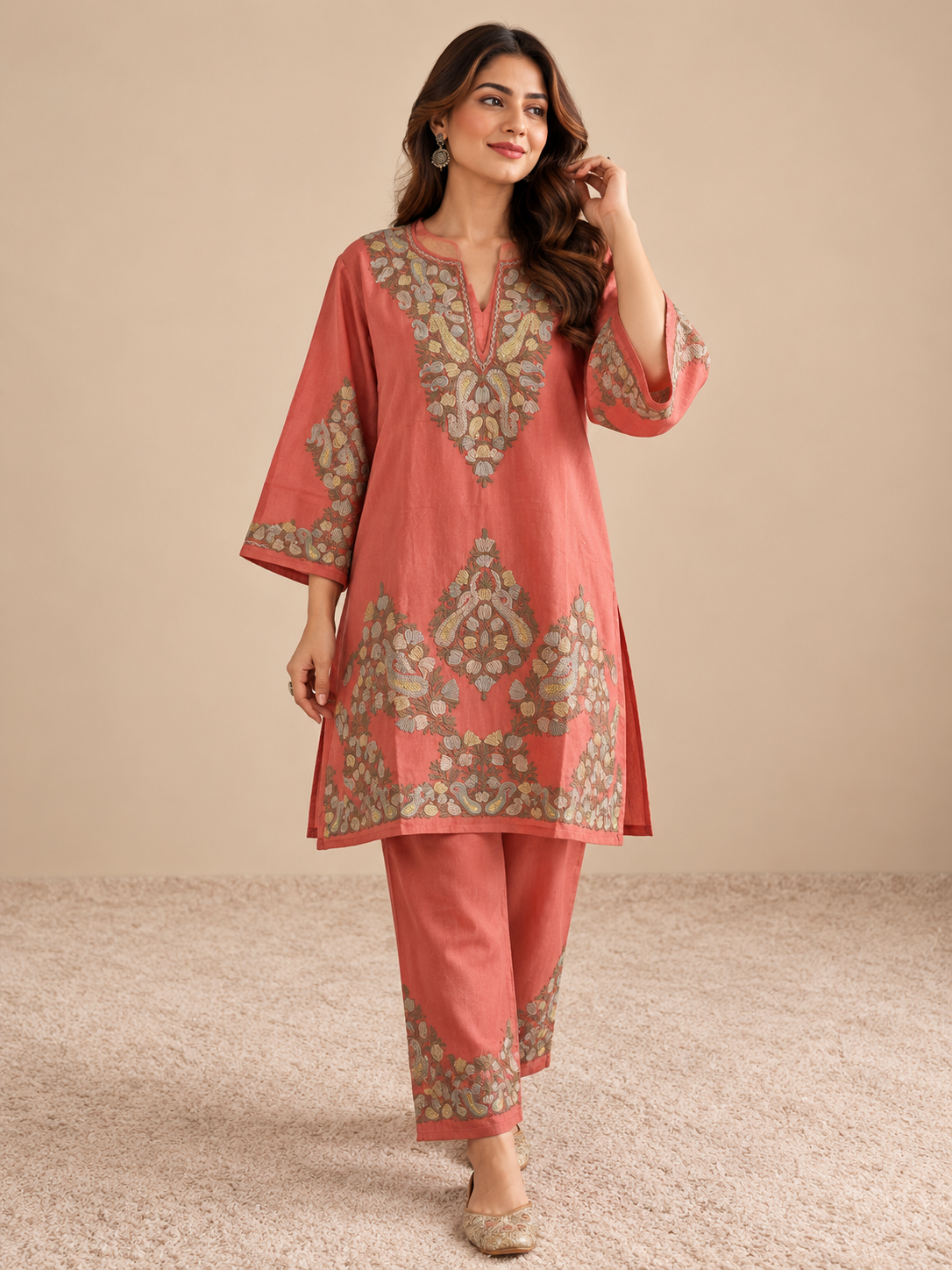 Pastel Peach Silk Kurta-Set with Zari Tilla & Aari Embroidery
