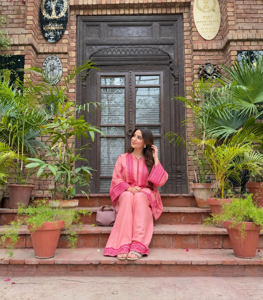 Bahar Peach Pink Linen Kurta Set for Women