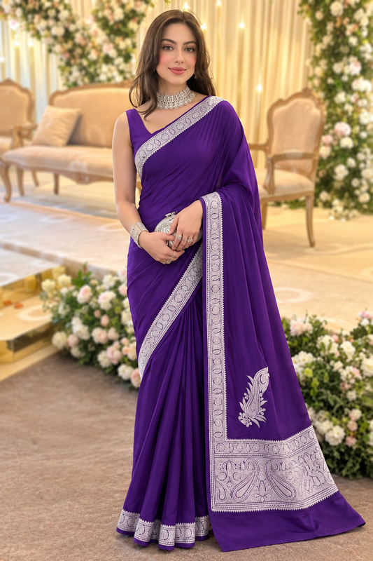 Mahren Purple Crepe Saree With  Premium Kashmiri Tilla Embroidery
