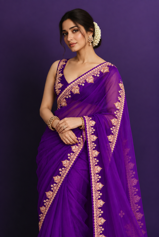 Madhuri Purple Organza Saree With Kashmiri Tilla Embroidery
