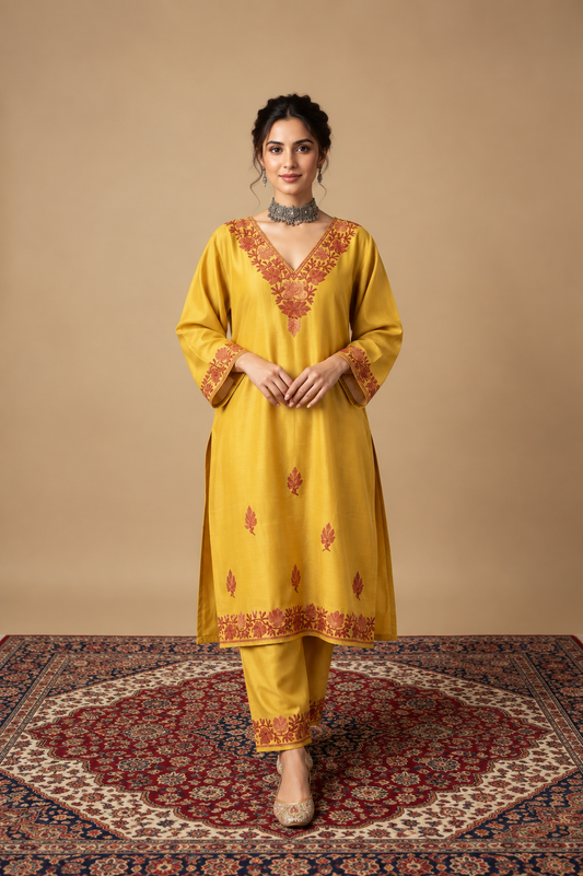Pamposh Mustard Yellow Mutli Color Aari Embroidered Kurta Set – Summer Edition