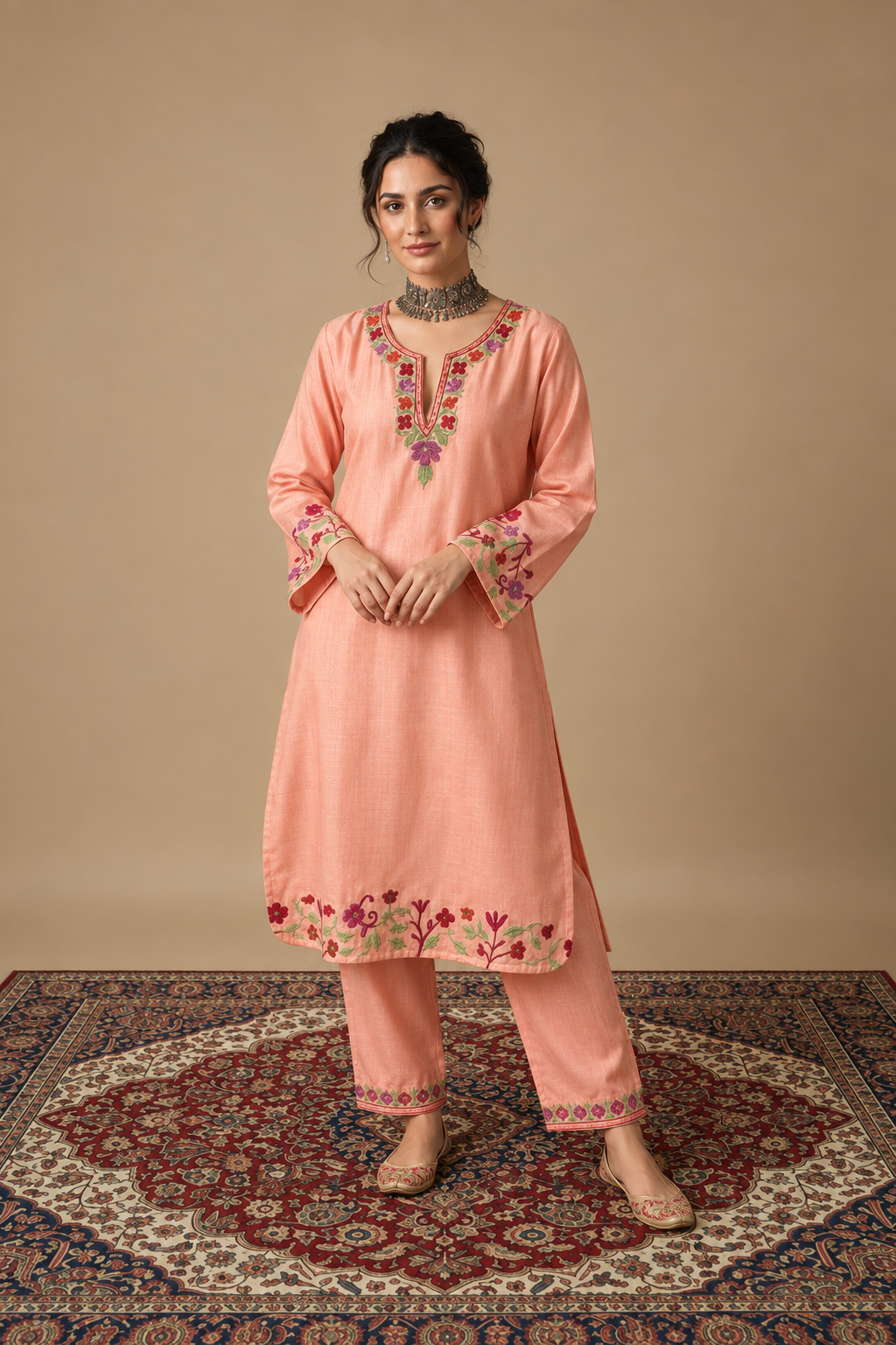 Pamposh Peach Premium Mutli Color Aari Embroidered Kurta Set – Summer Edition