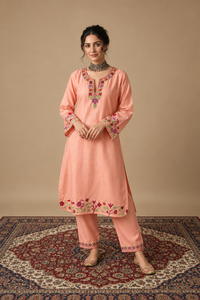 Pamposh Peach Premium Mutli Color Aari Embroidered Kurta Set – Summer Edition