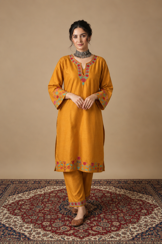 Pamposh Mustard Premium Mutli Color Aari Embroidered Kurta Set – Summer Edition