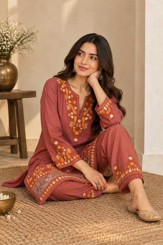 Pamposh Dark Peach  Silk Kurta-Set with Zari Tilla & Aari Embroidery