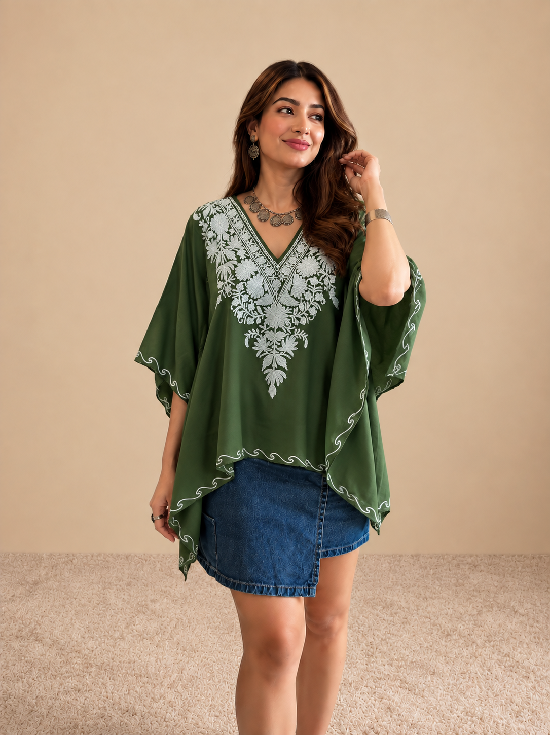 Lailaa Green Mini Kaftan Top with White Aari Embroidery