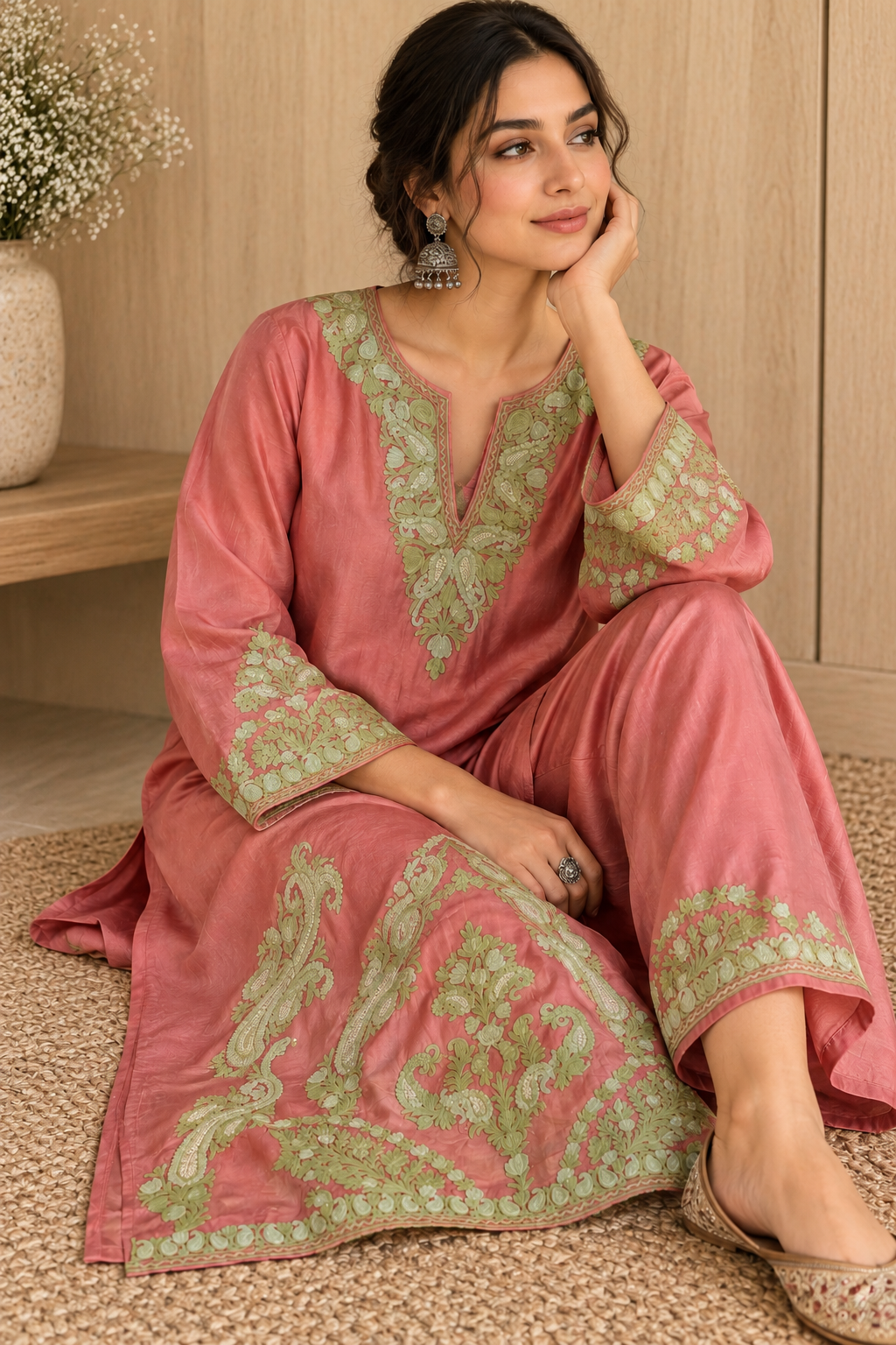 Pamposh Dark Peach Pink Silk Kurta-Set with Zari Tilla & Aari Embroidery