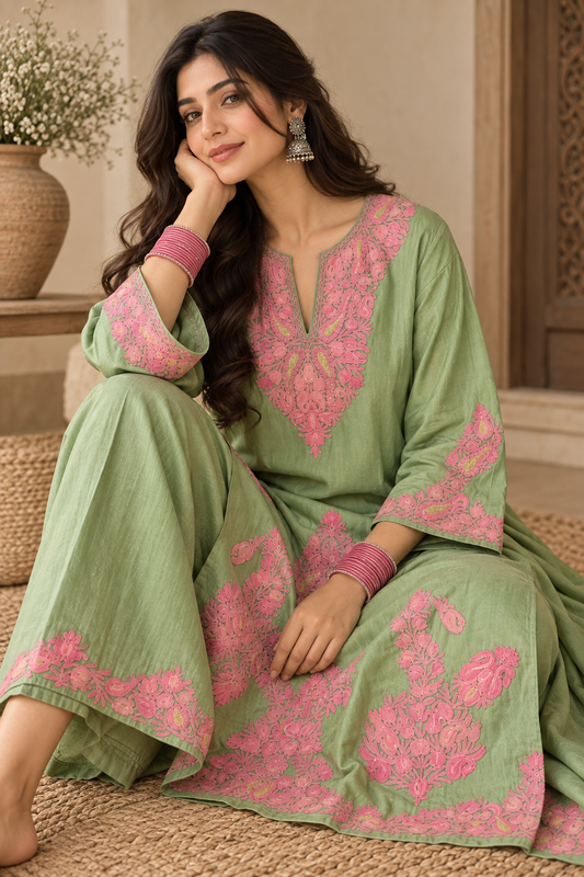 Pastel Green with Zari Tilla Aari Embroidered Kurta Set