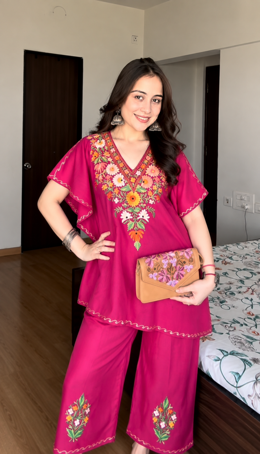 Lailaa Pink Short Kaftan Set with Aari Work Embroidery