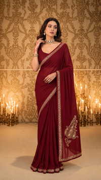 Omang Maroon Crepe Saree with Kashmiri Tilla Embroidery