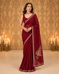 Omang Maroon Crepe Saree with Kashmiri Tilla Embroidery