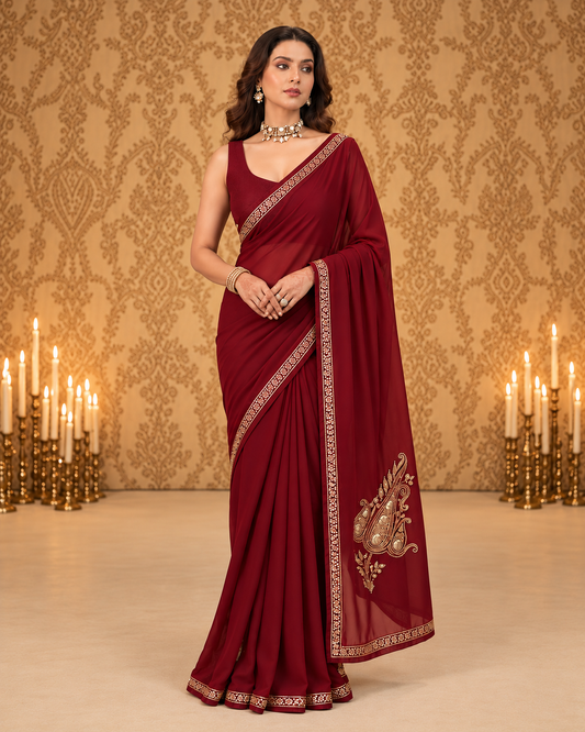 Omang Maroon Crepe Saree with Kashmiri Tilla Embroidery