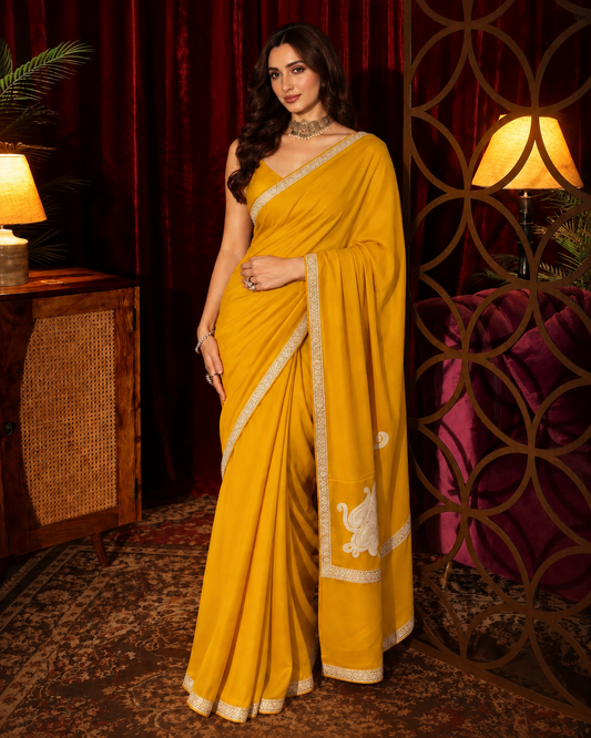 Omang Mustard Crepe Saree with Kashmiri Tilla Embroidery