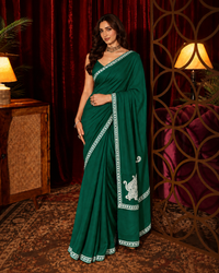 Omang Green Crepe Saree with Kashmiri Silver Tilla Embroidery
