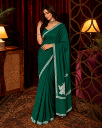 Omang Green Crepe Saree with Kashmiri Silver Tilla Embroidery