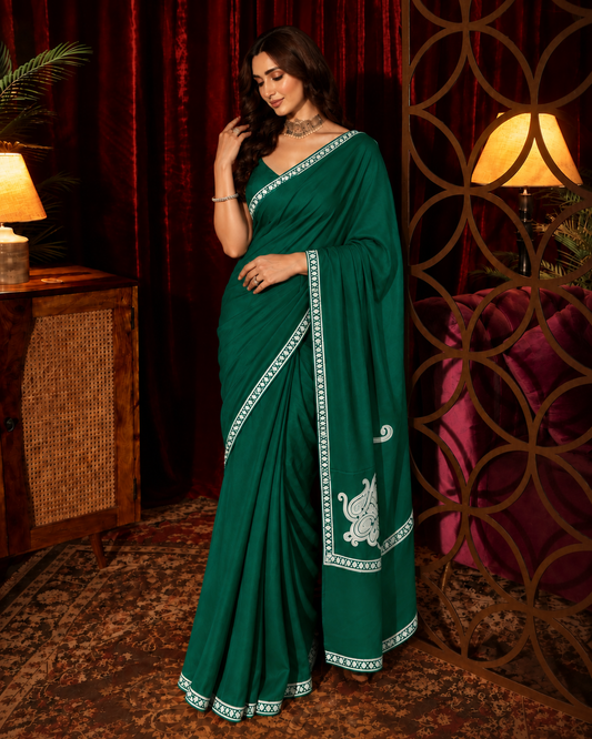 Omang Green Crepe Saree with Kashmiri Silver Tilla Embroidery