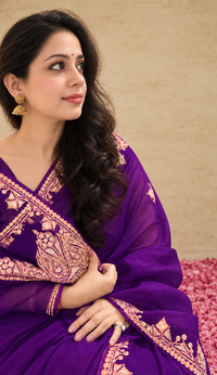Madhuri Purple Organza Saree With Kashmiri Tilla Embroidery