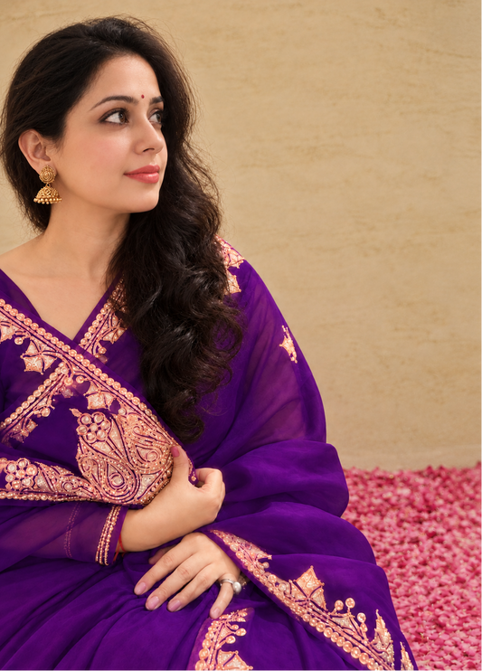 Madhuri Purple Organza Saree With Kashmiri Tilla Embroidery